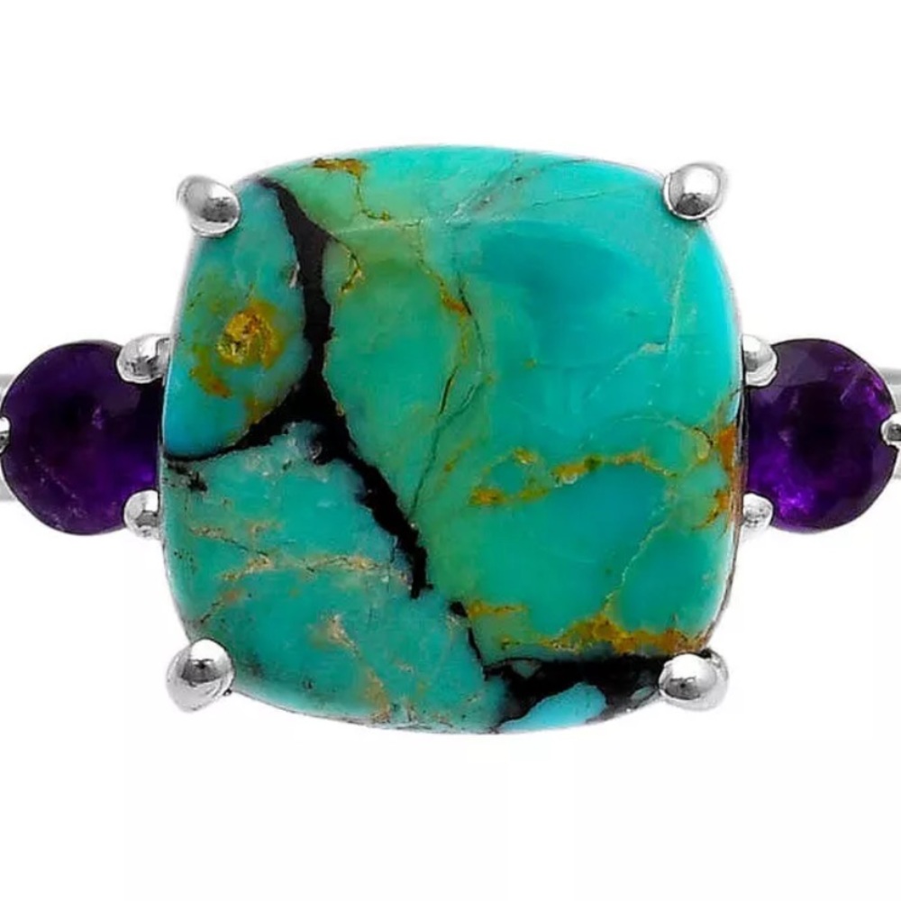 Gorgeous genuine turquoise with faceted amethyst sterling silver rings - Picture 4 of 6